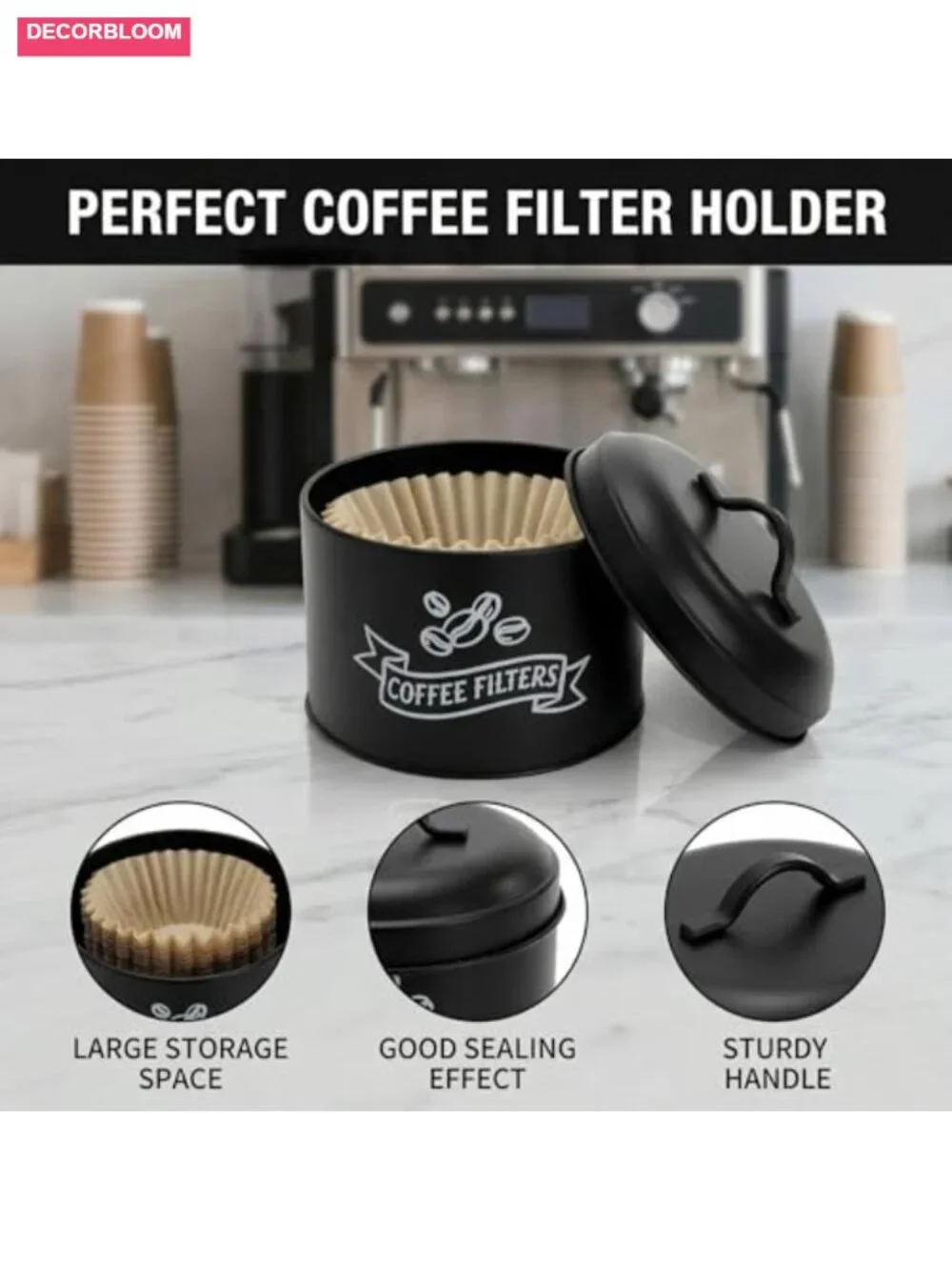 Large Coffee Filter Holder with Lid, Galvanized Iron Dispenser